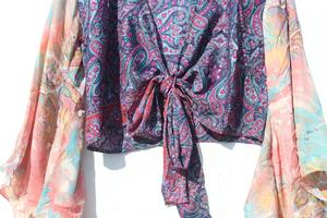 Nouveau haut portefeuille en soie imprimé pour l'été manches cloche haut court robe tunique pour femmes manches longues cloche haut court pour les femmes - Product Image 4