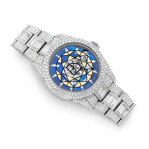 Montre automatique pour homme entièrement sertie de diamants, chiffres romains, calendrier, acier inoxydable, montre-bracelet de luxe - Product Image 5