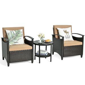 3 Pieces Patio Rattan <b>Furniture</b> Set <b>Cushioned</b> Sofa <b>Storage</b> Table with Shelf <b>Garden</b> - Product Image 1