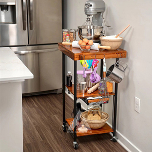 Chariot de cuisine multifonction en bois d'acacia massif avec dessus et étagères Barre à double poignée moderne pour salon chambre à coucher usage extérieur - Product Image 6