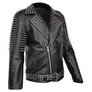 Chaqueta de Cuero Genuino con Tachuelas Plateadas, Estilo Urbano, Ecológica, Impermeable, Color Verde, Hecha a Mano, Estilo Punk con Púas, para Hombre - Product Image 4