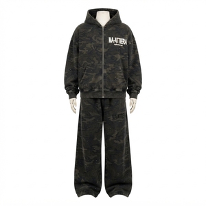 Men <b>Black</b> Green Camouflage <b>Zip</b> <b>Up</b> <b>Hoodie</b> Tracksuit Set Loose Fit Wide Leg Streetwear Custom OEM ODM Wholesale - Product Image 3