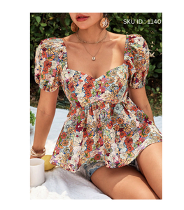 Blusa Moderna para Mujer, Estampado Sólido/Floral, Manga Corta, Ligera, Cómoda, Fluida, Informal de Verano, Polialgodón, Secado Rápido, para Picnic - Product Image 1