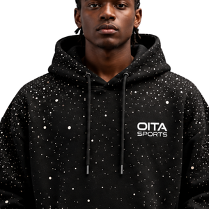 Black <b>White</b> Speckled Print Men Pullover <b>Hoodie</b> <b>Oversized</b> Fleece Sweatshirt Drawstring Hood Kangaroo Pocket Casual Streetwear - Product Image 3