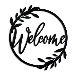 Letrero de Bienvenida Moderno de Metal Negro, Corona Elegante con Escritura Cursiva, Placa Circular con Hojas, Decoración Minimalista para Colgar en la Puerta Principal o en la Pared - Product Image 1