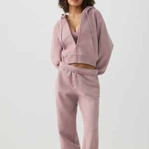 Ensemble 2 pièces à capuche pour femme, avec poches zippées, couleurs unies, en molleton de coton, coupe décontractée ample, longueur intégrale, idéal pour l'hiver – Vente chaude - Product Image 2