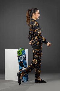 Survêtement unisexe en molleton noir à imprimé floral, coupe longue, à capuche avec poches latérales, pour tenue décontractée d'automne - Product Image 2