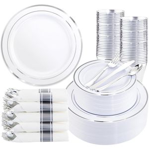 Set di Stoviglie in Plastica Argento da 50 Pezzi per 50 Ospiti, Include 50 Piatti per Cena e Dessert - Kit di Forniture per Feste Usa e Getta - Product Image 1