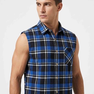 Durable Custom Logo Men Sleeveless <b>Plaid</b> Flannel <b>Shirt</b> Button Down Collar Casual Autumn Wear Blue Black White Pattern <b>Shirts</b> Men - Product Image 4