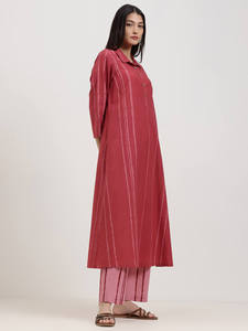 Robe maxi rayée à col polo, manches trois quarts, coupe ample, en coton et fibre de bambou, décontractée, pour tous les jours, respirante, tissu tissé - Product Image 1