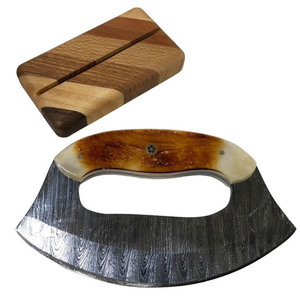 Couteaux Ulu professionnels en acier Damas forgé à la main, avec manche en bois, lames fixes OEM. - Product Image 6