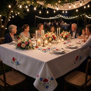 Luxury Floral Embroidered <b>Rectangle</b> <b>Tablecloth</b> Premium Washable White Fabric Table Cover for Banquet Dinner Special Occasions - Product Image 4