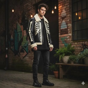 Blouson de motard en cuir et peau de mouton - Motif squelette osseux - Product Image 3