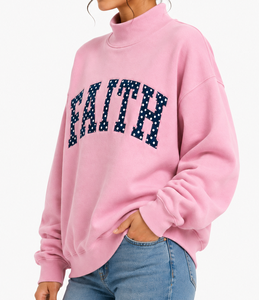เสื้อสเวตเตอร์คอเต่าสีชมพูสำหรับผู้หญิง ลายปักตัวอักษร Faith ดีไซน์เก๋ ผลิตจากผ้าฝ้ายถัก 100% เหมาะสำหรับใส่ในฤดูใบไม้ร่วง - Product Image 3
