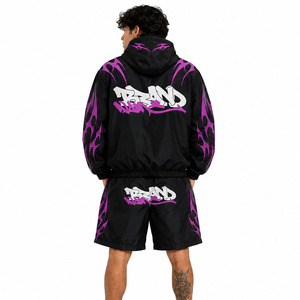 Trendy Custom Men's Printed Nylon Windbreaker Shorts Tracksuit Hooded <b>Jacket</b> Streetwear Two Piece Embroidery Patch Nylon Hoodies - Product Image 3