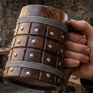 Mug à bière de voyage en bois élégant et moderne, fait main, écologique, durable, personnalisable, de haute qualité, avec poignée sculptée en bois - Product Image 2