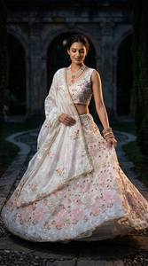 Divyam Creation Lehenga Choli Traditionnel Brodé en Tulle Gaufré, Séchage Rapide, Extensible, Réversible, Longueur Ras du Sol, Tenue de Mariage - Product Image 1