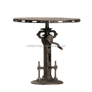 Industrial Iron Crank Round Height Adjustable and Iron <b>Top</b> Crank <b>Table</b> - Product Image 5