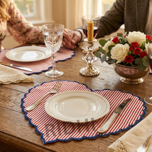 Red Stripe Placemats with Blue Embroidered Scalloped Edge Heart Shape Reusable Bulk Linen <b>Table</b> <b>Mats</b> for Hotel Weddings & Events - Product Image 6