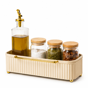Luxury Metal Storage Box Fluted Storage <b>Basket</b> With Beautiful Golden Handle Organizer Bin Cream Decorative Desktop Storage <b>Tray</b> - Product Image 2