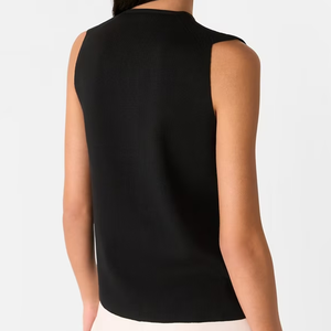 Gilet en tricot sans manches pour femme, col en V, couleur unie, fermeture à lacets, style minimaliste, 100% acrylique, tricot côtelé, à porter toute l'année - Product Image 3