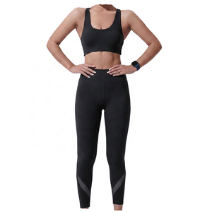 Blue 2 Piece Yoga High Waist Leggings Crop Spandex/Nylon Breathable <b>Lace</b> <b>Elastic</b> Waist Full Length Solid Color - Product Image 4