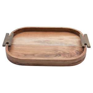 Excellent Quality Natural Wood Finished Solid Acacia Wood Oval Shape <b>Serving</b> <b>Tray</b> <b>with</b> Metal <b>Handles</b> for <b>Serving</b> & Decor Use - Product Image 1