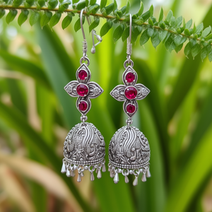 Dual Tone German Silver Floral Jhumka Drop Earrings with Ruby in Platinum Bezel Setting - Product Image 3