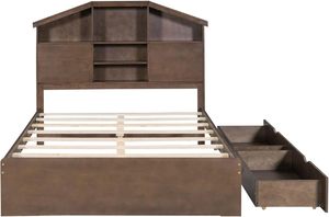 Meubles de chambre à coucher en bois massif de noyer Tête de lit de rangement en forme de maison 2 tiroirs Cadre de lit en bois pour adolescents adultes Salon - Product Image 4