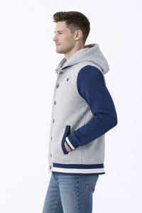 Sweat-shirt à capuche gris bleu pour homme, style universitaire décontracté, boutonné, avec manches contrastées, poignets côtelés et doublure en polaire douce - Product Image 2