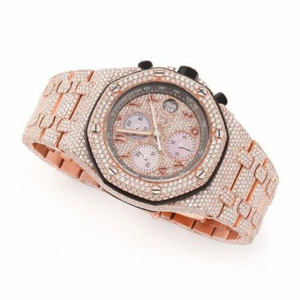Montre Chronographe de Luxe Or Rose Entièrement Sertie de Moissanite, Cadran Arabe, Style Hip Hop, Acier Inoxydable, Aspect Diamant, Quartz - Product Image 2