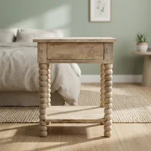 Mesita de Noche Moderna de Madera de Mango con Cajón, Estante Abierto y Patas Torneadas para Almacenamiento y Exhibición en el Dormitorio - Product Image 4