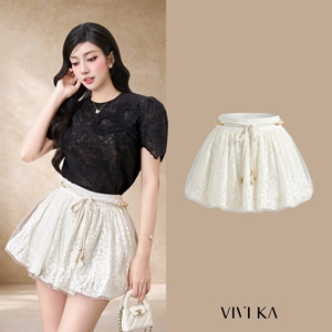 <b>Women's</b> Casual High Waist White Floral Lace Puff Mini <b>Skirt</b> Tulle Overlay Handmade Wooden Bead <b>Cord</b> Belt Breathable Summer - Product Image 1