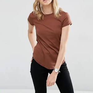 T-shirts pour femmes couleur moka, coupe ajustée, manches courtes, coton de haute qualité, respirant, doux, ourlet incurvé, t-shirts décontractés pour tous les jours - Product Image 1