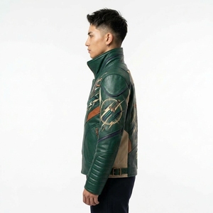Blouson en cuir vert pour homme, style motard, avec blocs de couleur, patch brodé, col montant et fermeture éclair - Product Image 4