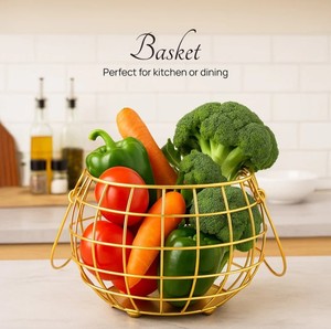 Gold Metal <b>Wire</b> Fruit <b>Basket</b> with Wooden Lid | Decorative Storage Fruit Bowl | Modern Kitchen Organizer - Product Image 2