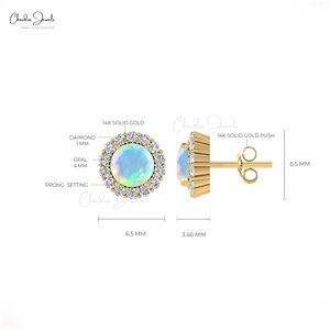 ต่างหูทองคำแท้ 14K ประดับโอปอลเอธิโอเปียทรงกลม 4 มม. พร้อมเพชรขาวล้อมรอบ ขายส่งจากผู้ผลิตเครื่องประดับ - Product Image 4