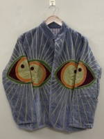 Veste en velours de coton Suzani brodée à la main pour femme, col mandarin, manches longues, automne-hiver, motif œil bohème, ouverte sur le devant