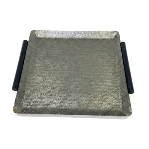 Square Gold Serving <b>Tray</b> With <b>Wooden</b> Handles Polish Finish For Home Hotel Use At Bulk Customization Available From <b>White</b> Royals - Product Image 3