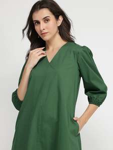 Robe midi à col en V, coupe trapèze, manches trois quarts bouffantes, en coton vert uni, décontractée, coupe ample, tissu respirant, pour usage quotidien - Product Image 6