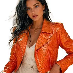 Chaqueta de Cuero con Estampado de Cocodrilo para Mujer, Color Naranja, Acabado Tejido, Impermeable, Servicio Personalizado OEM Disponible - Product Image 1