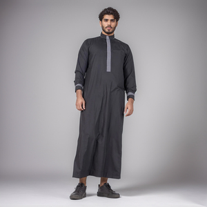 Men's Black Solid Polyester Thobe Long Sleeve Ankle Length Sweetheart Neckline Embroidered Breathable Casual Eid Party Wear - Product Image 4