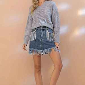 Minifalda vaquera de mujer estilo A-line, tejido regular, vintage, con logo en la cintura, ajustada, para verano y otoño - Product Image 2