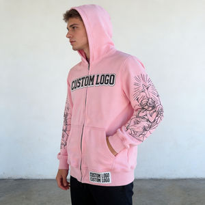 Fabricant de vêtements pour hommes, streetwear, sweats à capuche roses à fermeture éclair, logo personnalisé, graphisme tatoué, coupe ample, sweats en molleton pour hommes - Product Image 4