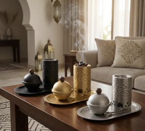 Ensemble brûleur d'encens à l'essence de platine pour une aromathérapie optimale, brûleur d'oud moderne et minimaliste avec plateau de luxe - Product Image 2