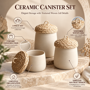 Woven Lid Ceramic Canisters Loop Handle <b>Kitchen</b> <b>Pantry</b> Set | Decorative Countertop Organizer Containers for Modern Homes <b>Storage</b> - Product Image 2