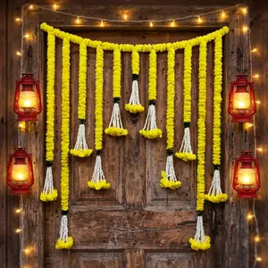 Traditional Yellow Marigold Flower Toran with Pearl Tassel Hangings for Wedding Festival <b>Home</b> Entrance Wall Decoration - Product Image 3