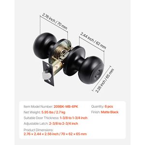 Paquete de 6 Perillas de Puerta Negras Totalmente Metálicas, Cerradura Interior sin Llave con Botón Giratorio y Perilla Exterior con Bola de Privacidad para el Hogar o la Oficina - Product Image 4
