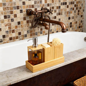 Ensemble d'accessoires de salle de bain en bambou de luxe, organiseur de vanité moderne avec distributeur de savon, porte-brosse à dents et rangement pour la maison - Product Image 6