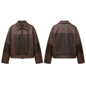 Multi Brown <b>Lambskin</b> Artistic <b>Leather</b> <b>Jacket</b> Geometric Panel Fold Neck Side Buckle Straps Front Metal Zip Sleeves Women Coats - Product Image 3